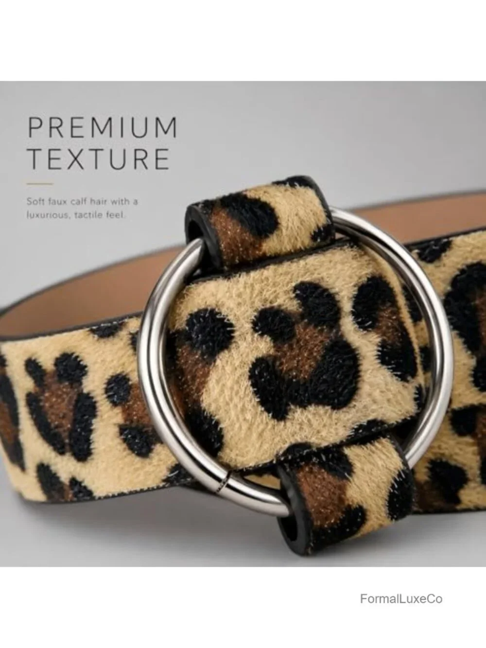 Women's Leopard Print Faux Leather Belt, No-Hole Adjustable O-Ring